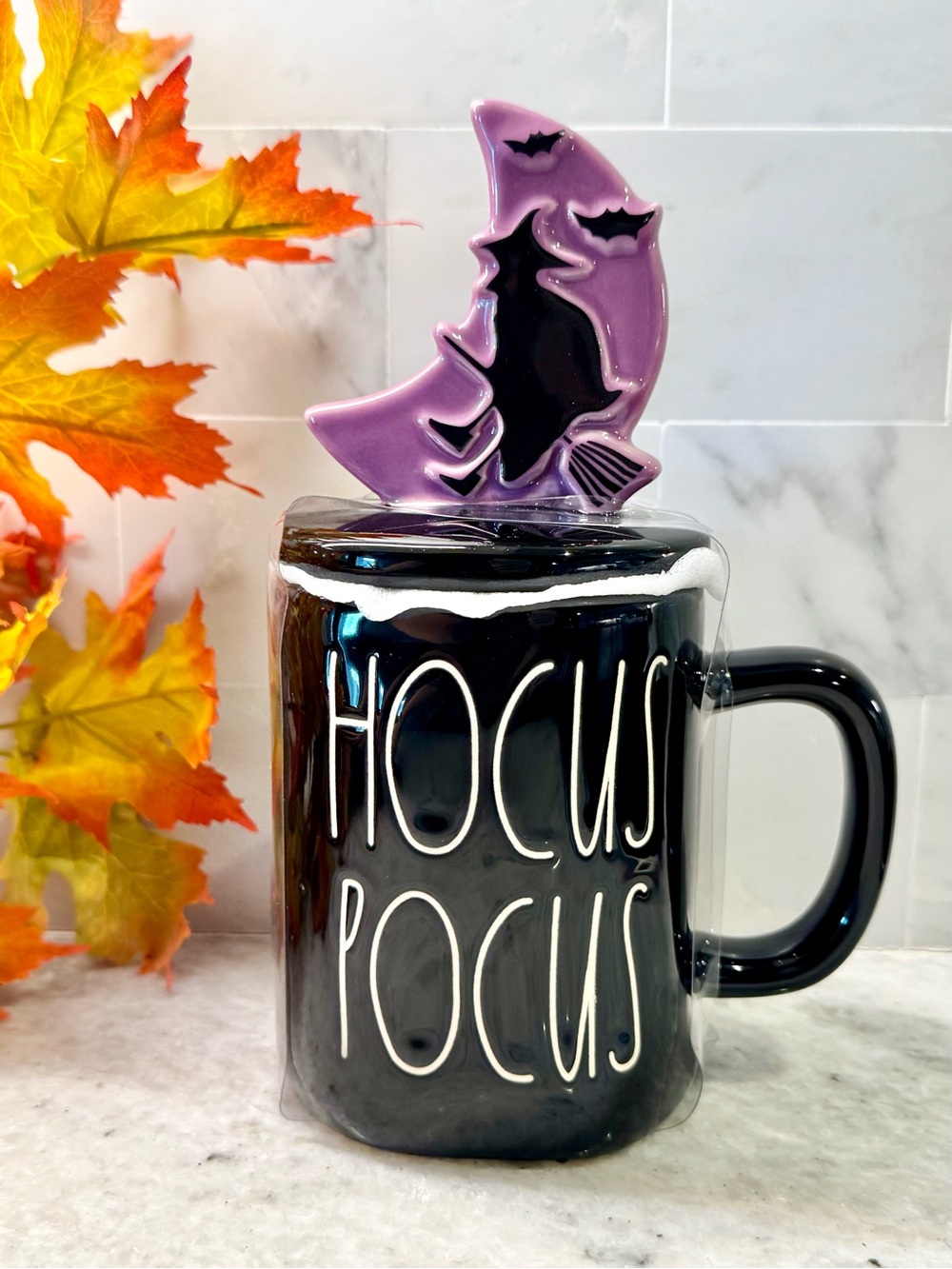 New Rae Dunn Halloween Hocus Pocus Coffee Mug Cup w/ Purple Wicked Witch Topper